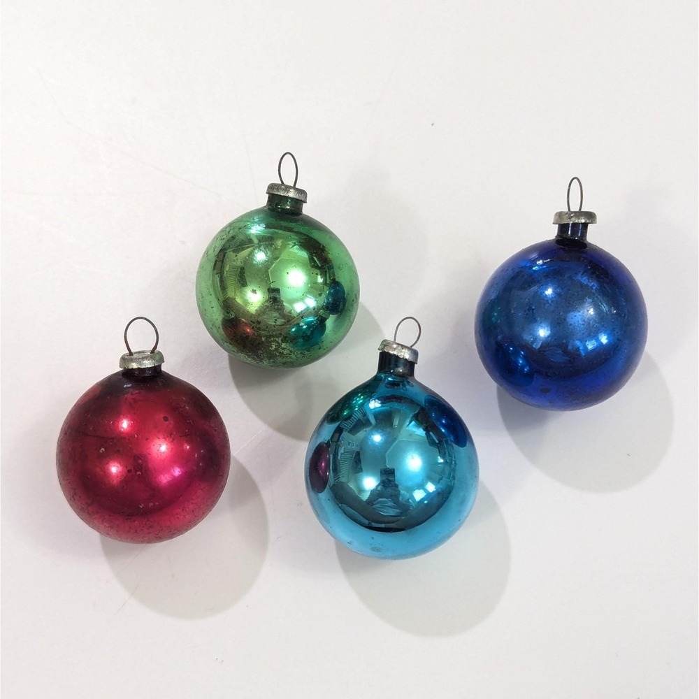 Vintage 1" Feather Tree Mercury Glass Mini Christmas Ornaments Japan Lot of 4
